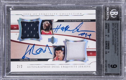 2004-05 UD "Exquisite Collection" Dual Jerseys Autographs #OY Hakeem Olajuwon/Yao Ming Dual Signed Game Used Patch Card (#2/2) – BGS MINT 9/BGS 9 